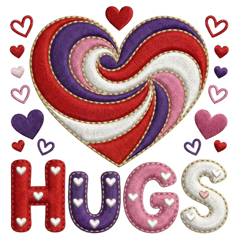 Embroidered Swirling Heart HUGS Text Embroidery Pattern for Valentine's Day