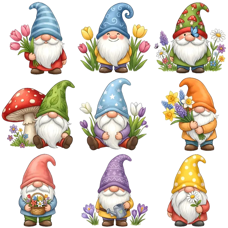 Whimsical Gnomes with Flowers and Garden Elements