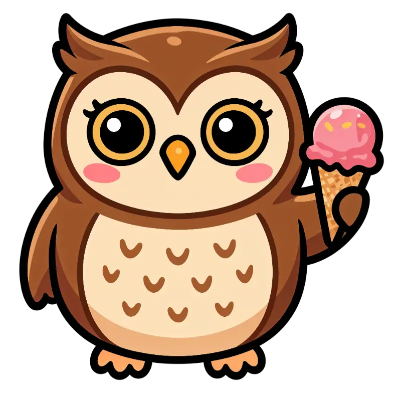 Kawaii Owl Character Holding Pink Ice Cream Cone