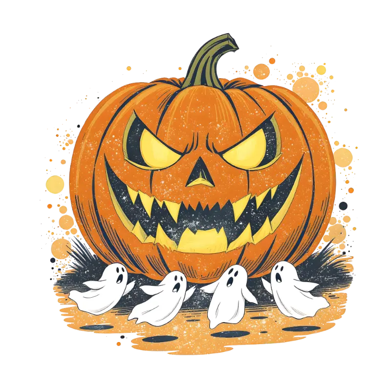 Distressed Cartoon Jack-o'-lantern with Ghosts Spooky Halloween Graphic