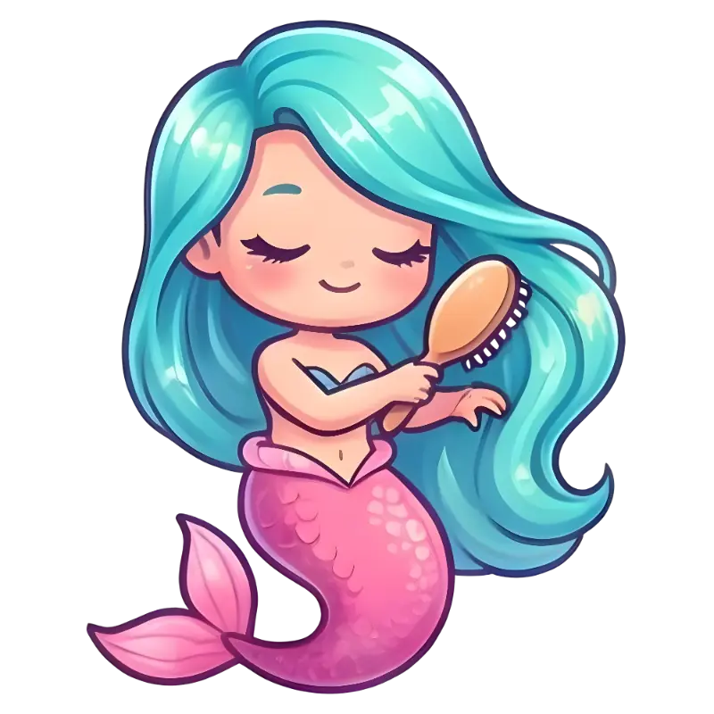 Gentle Cute Chibi Mermaid Brushing Hair Illustration with Glossy Highlights