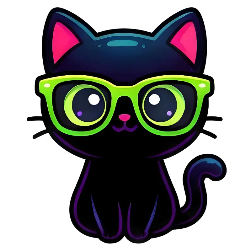 Neon Black Cat with Glowing Eyes and Glasses
