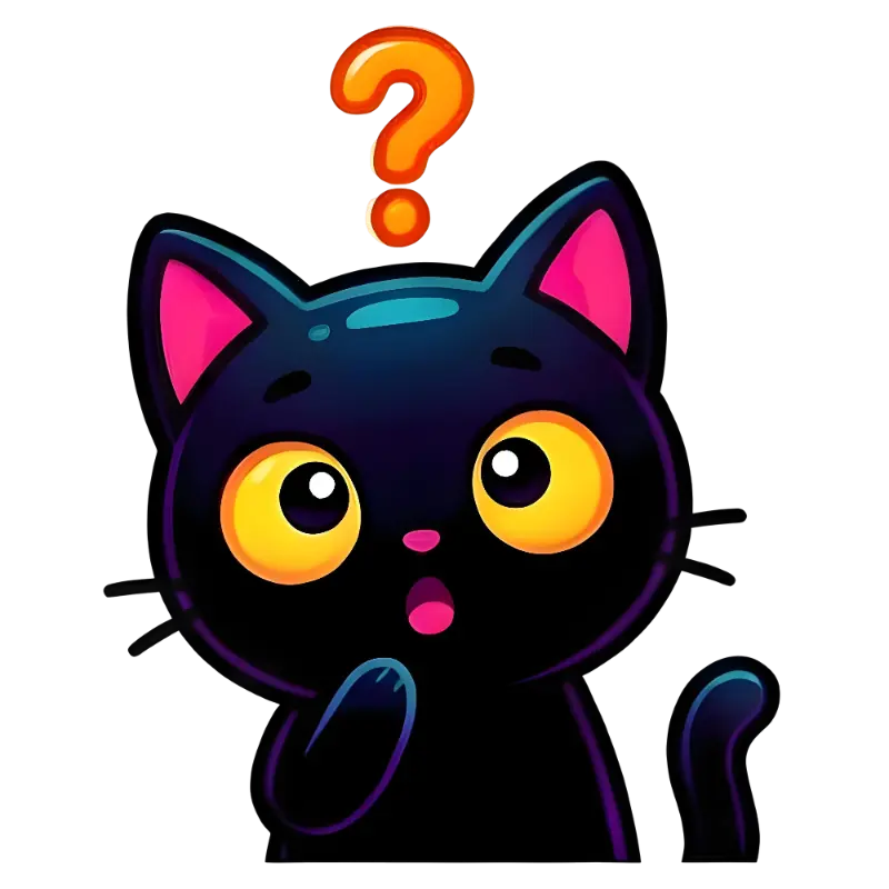Cute Cartoon Black Cat with Surprised Look and Question Mark