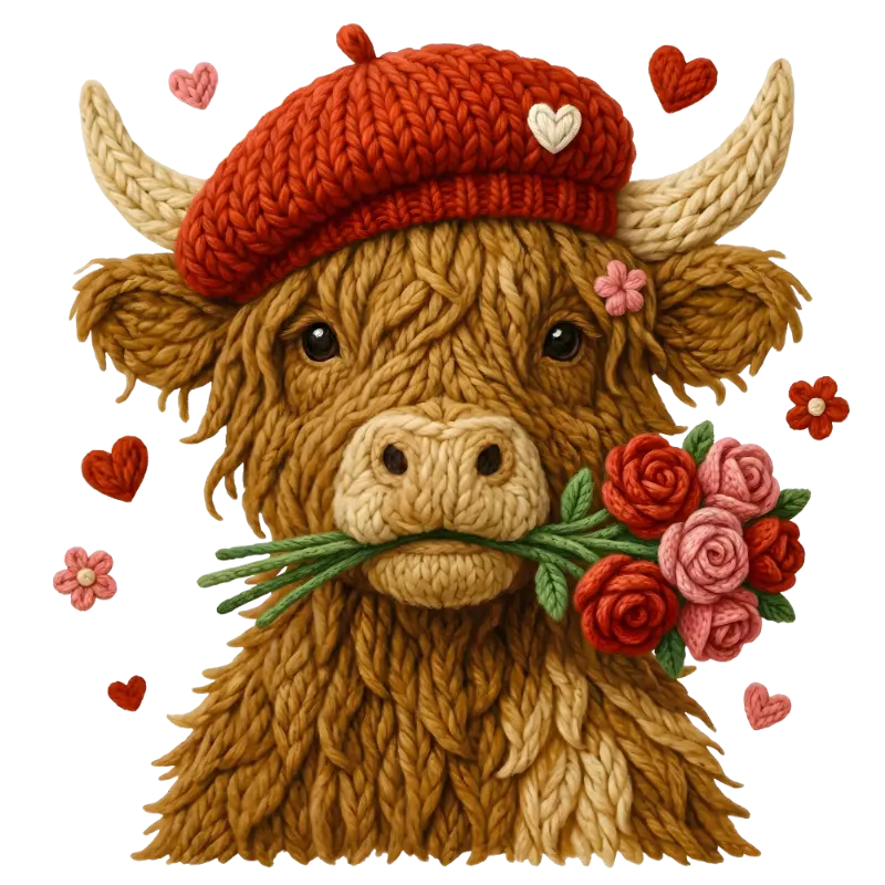 Knitted Amigurumi Highland Cow Illustration for Cute Valentine's Day