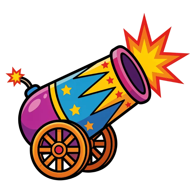Bold Cartoon Cannon with Colorful Explosion and Stars