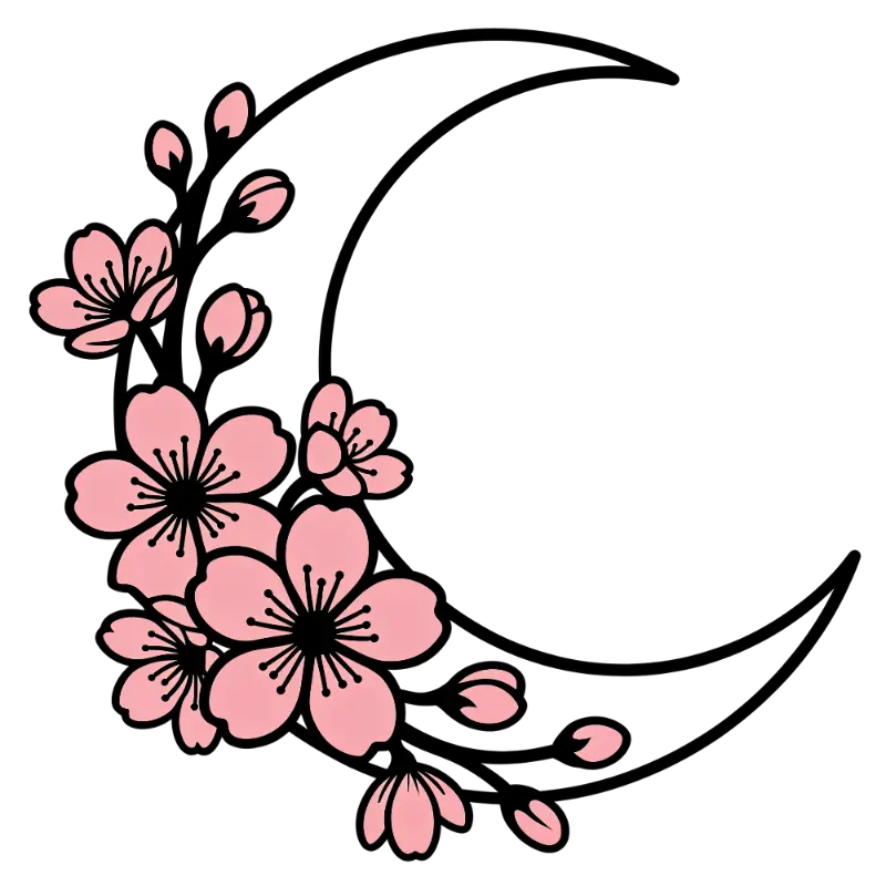 Line Art Sakura Blossoms with Falling Petals and Crescent Moon