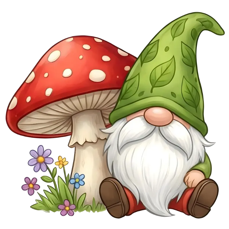 Whimsical Garden Gnome Art with Mushroom and Flowers