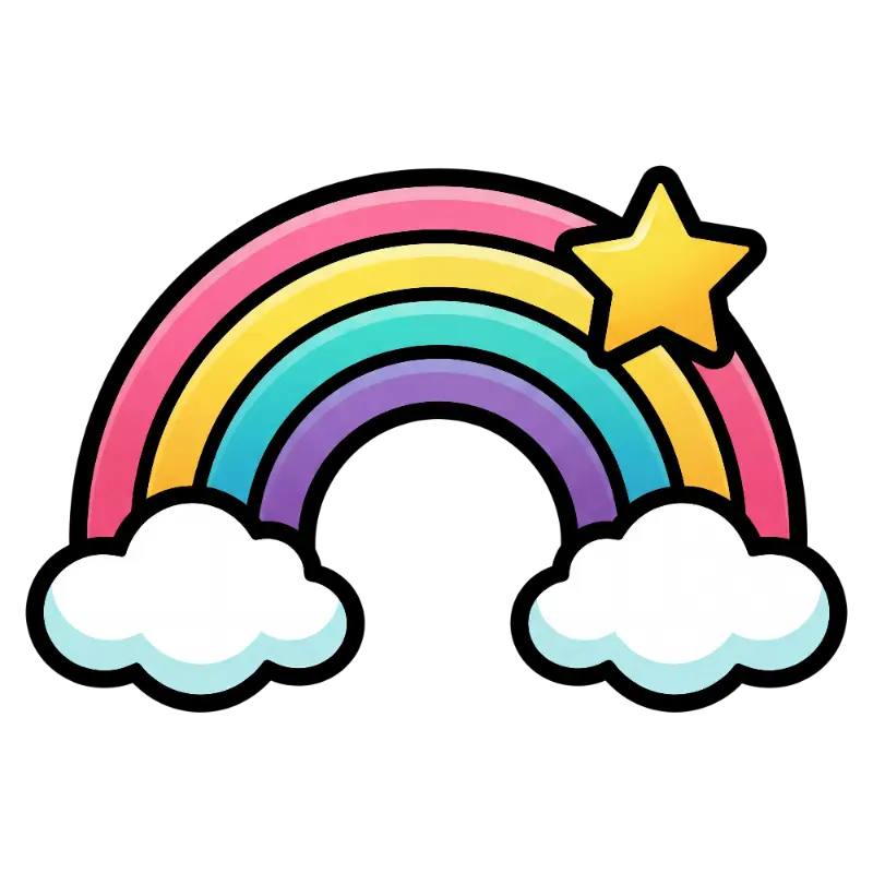 Playful Arched Rainbow with Puffy White Clouds and Star