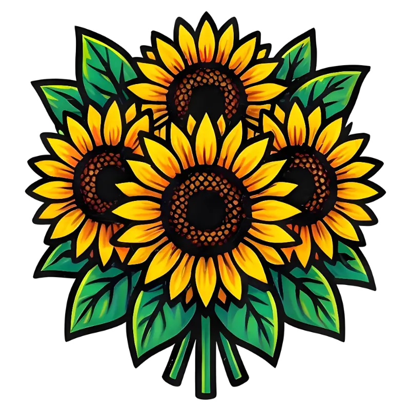 Vibrant Bold Line Art Sunflower Bouquet with Green Leaves