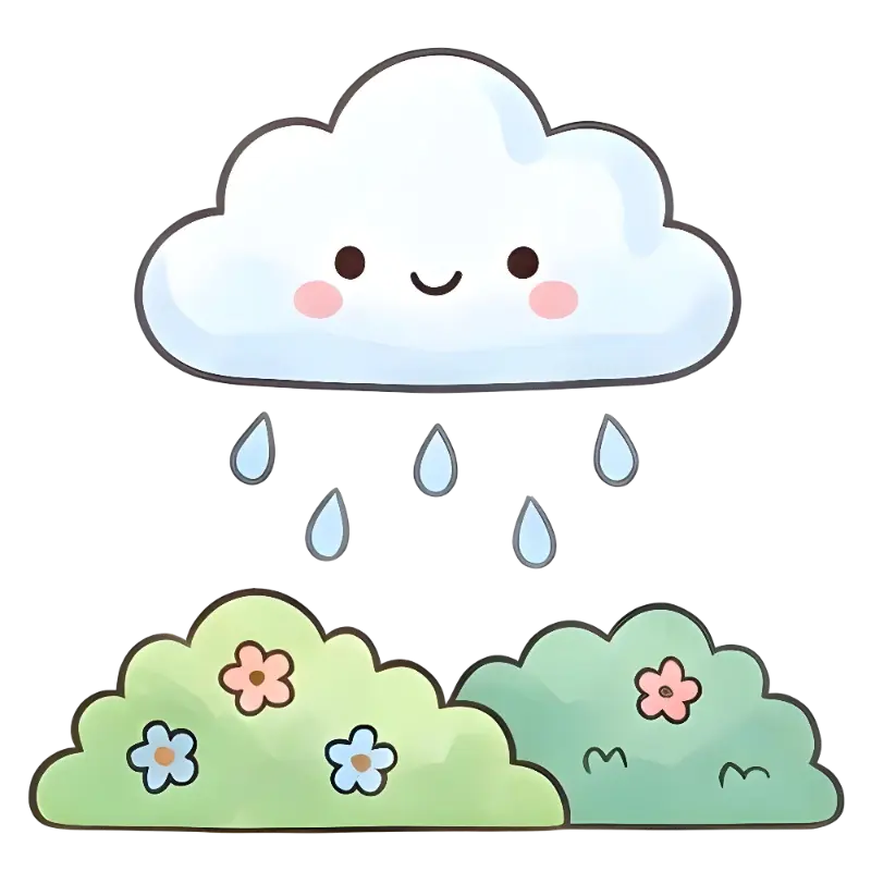 Kawaii Cartoon Cloud Raining on Bushes with Flowers Illustration