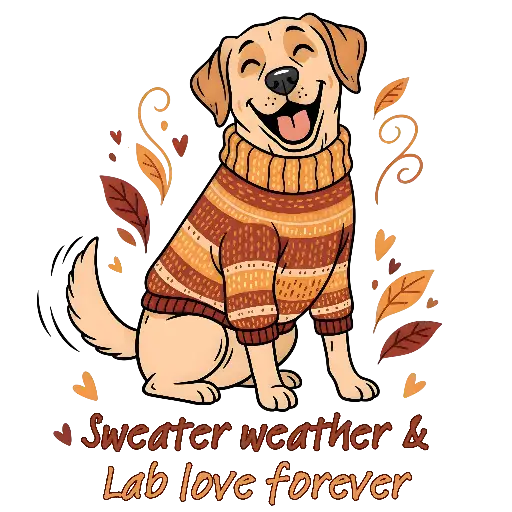 Cartoon Happy Labrador Retriever in Sweater with Autumn Leaves Graphic