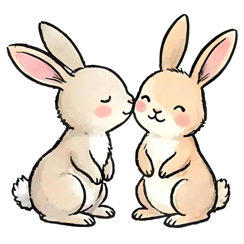 Playful Watercolor Rabbits with Blush Cheeks Kissing