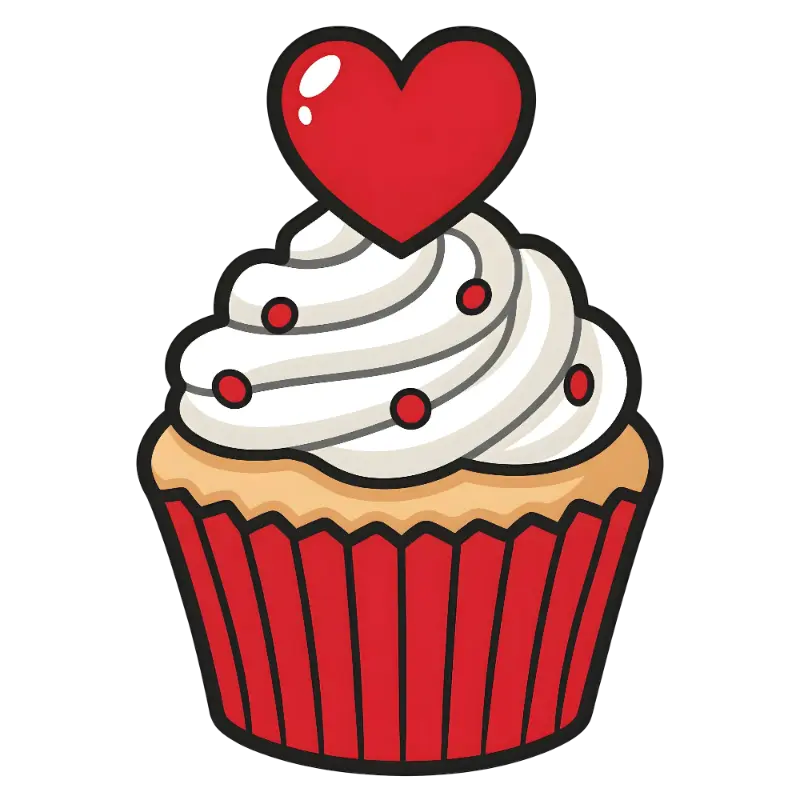 Cartoon Cupcake Illustration with Swirled Frosting and Red Heart Topper
