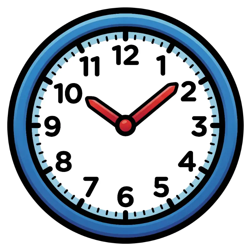 Cartoon Analog Clock with Red Hands and Blue Bezel