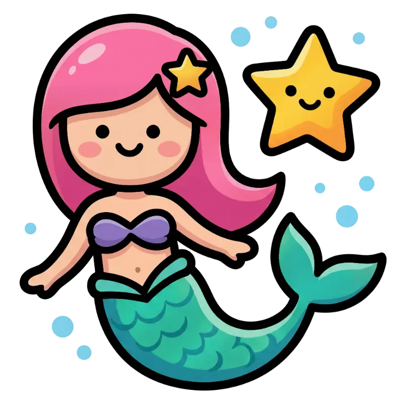 Chibi Pink Hair Mermaid with Smiling Star and Sparkles