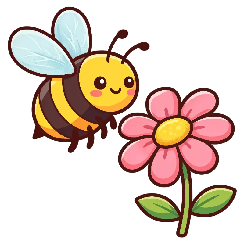 Kawaii Smiling Bee with Blush Cheeks and Pink Flower