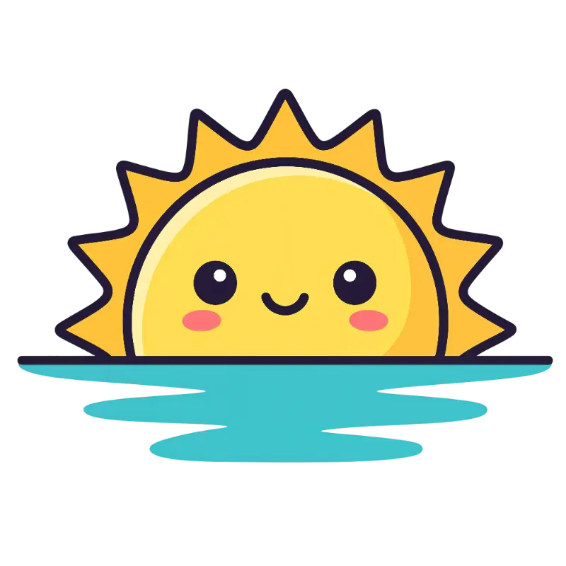 Kawaii Cartoon Smiling Sun Character with Blush Cheeks Over Water