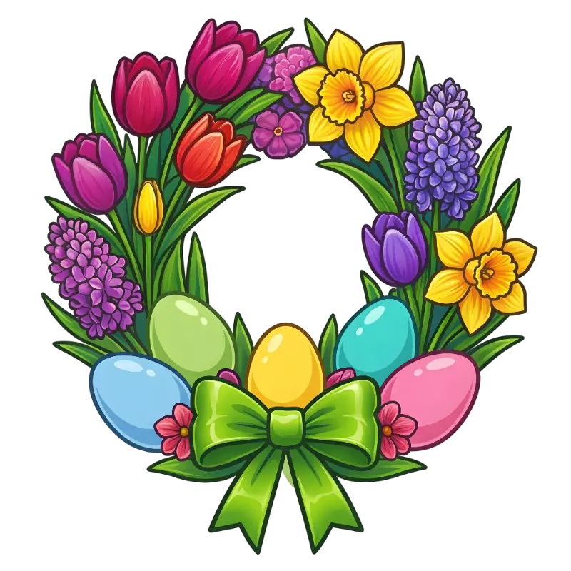 Cartoon Easter Wreath with Spring Flowers and Eggs