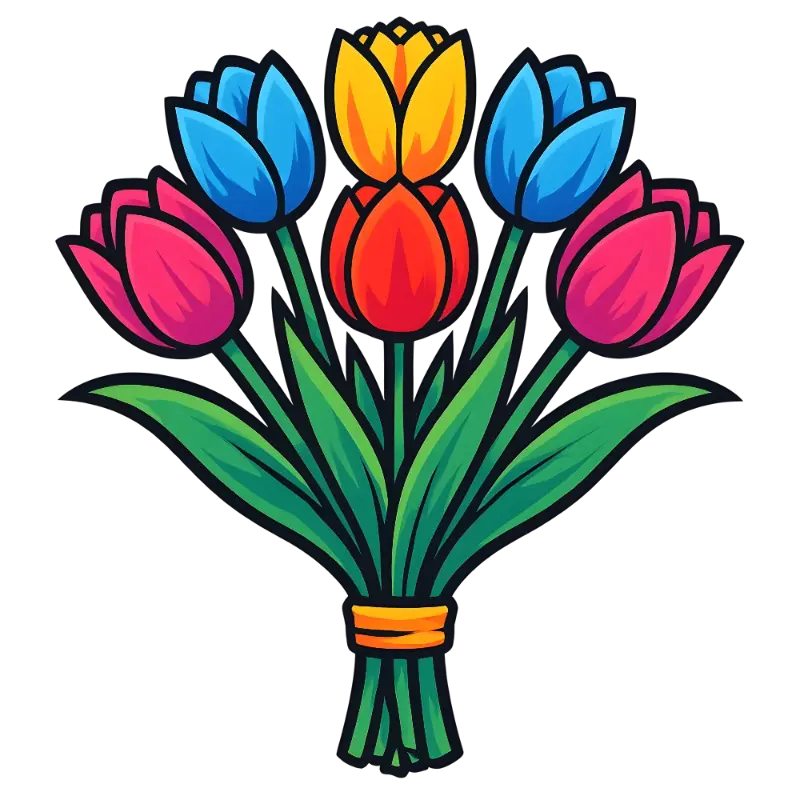 Bright Colorful Vector Art Tulip Bouquet with Orange Ribbon