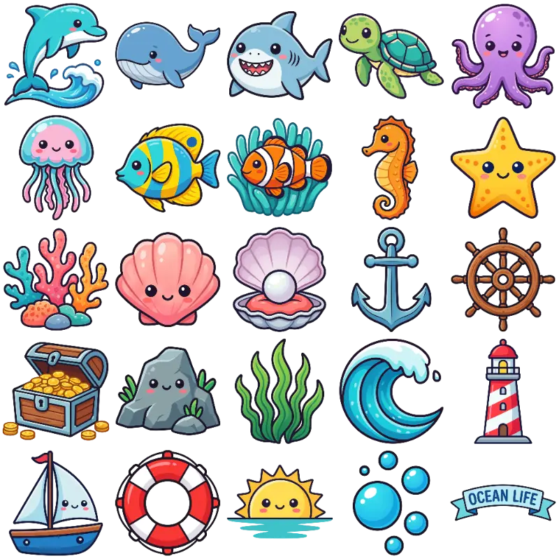 Colorful Kawaii Ocean Life Character and Object Set
