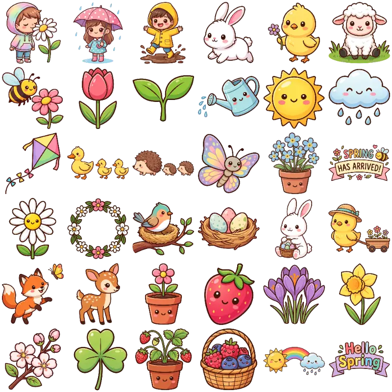 Cute Spring Characters and Blooming Flower Illustration