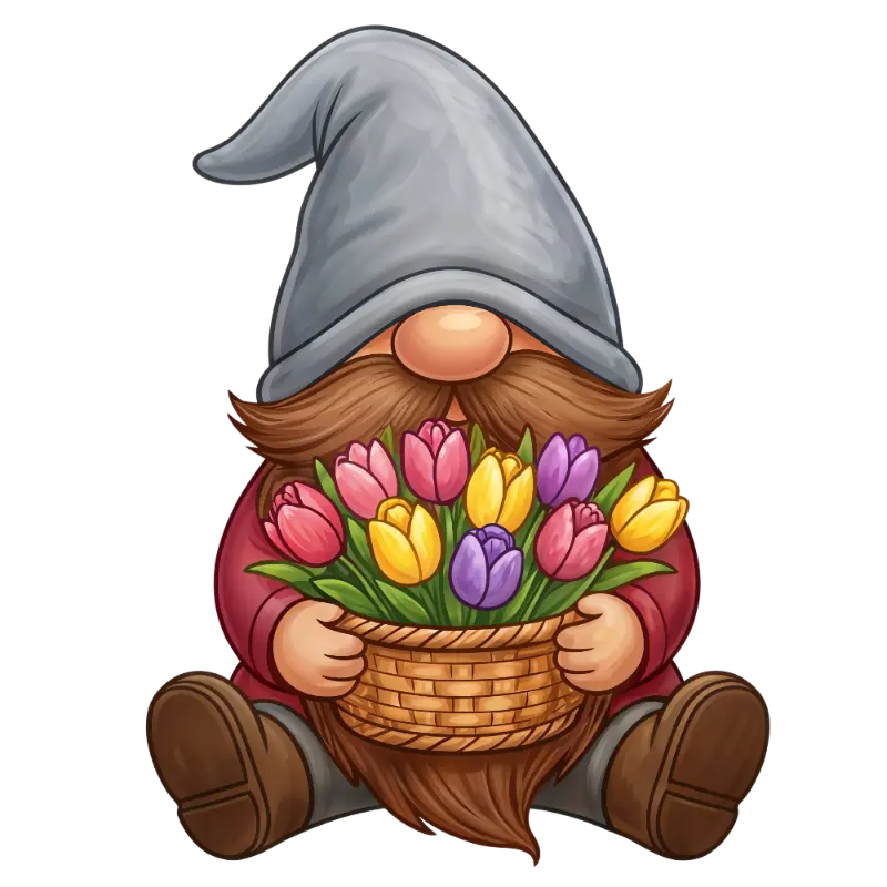 Cute Cartoon Gnome Holding a Basket of Colorful Tulips