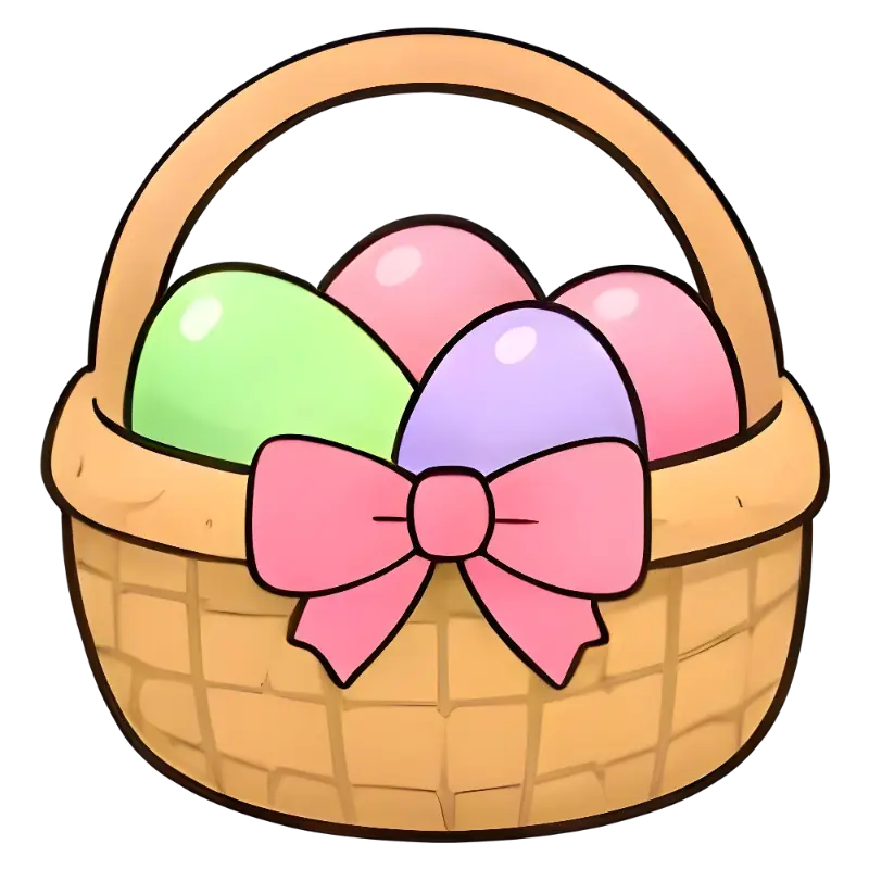 Cartoon Easter Basket Illustration with Pastel Eggs and Pink Bow