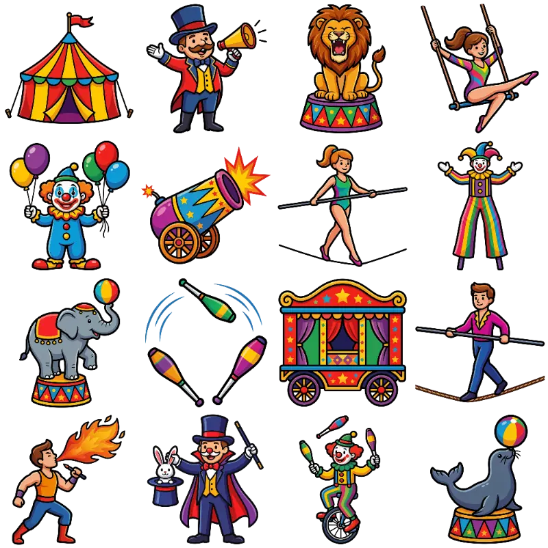 Playful Cartoon Circus Characters and Show Elements Collection