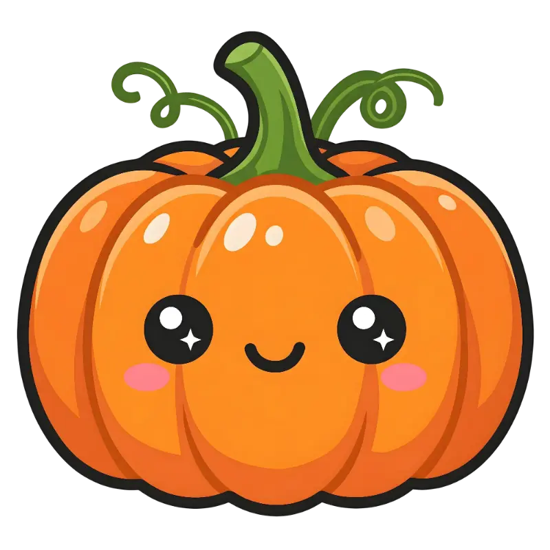Kawaii Pumpkin Character with Star Eyes and Pink Blush