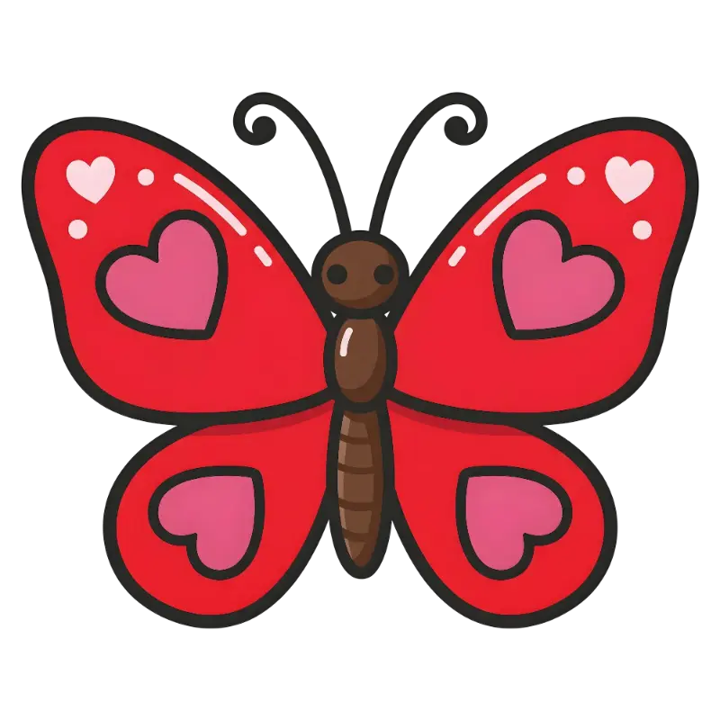 Cartoon Butterfly with Playful Red and Pink Heart Wings and Simple Illustration Style