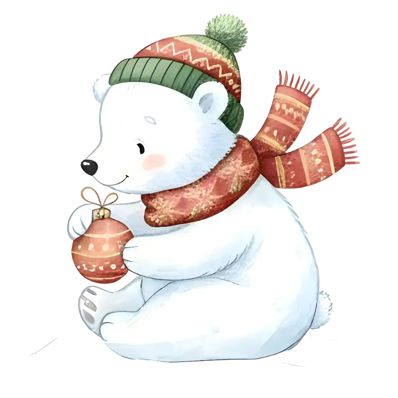 Cute Watercolor Polar Bear with Winter Hat and Christmas Ornament