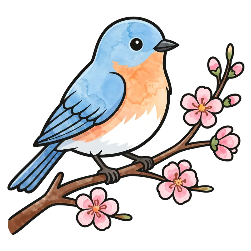 Cute Watercolor Bird on Flowering Branch Illustration
