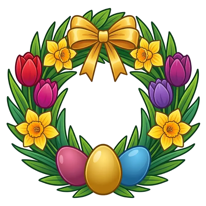 Vibrant Cartoon Easter Wreath with Tulips, Daffodils, and Eggs