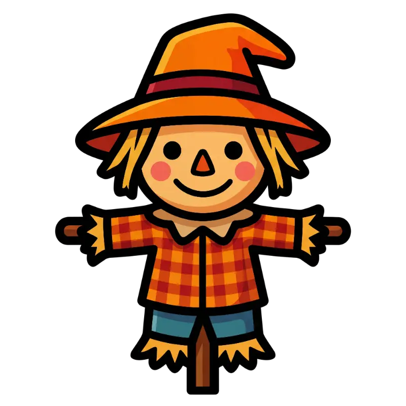 Cute Cartoon Scarecrow Character with Plaid Shirt and Straw Hat