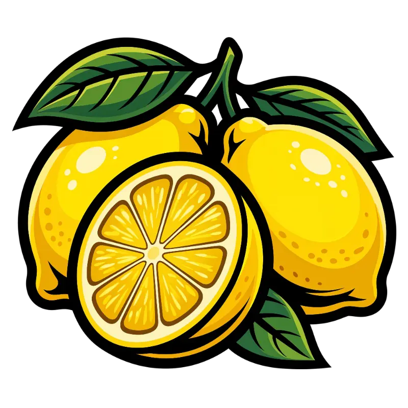 Bold Outline Cartoon Lemons with Slice and Green Leaves