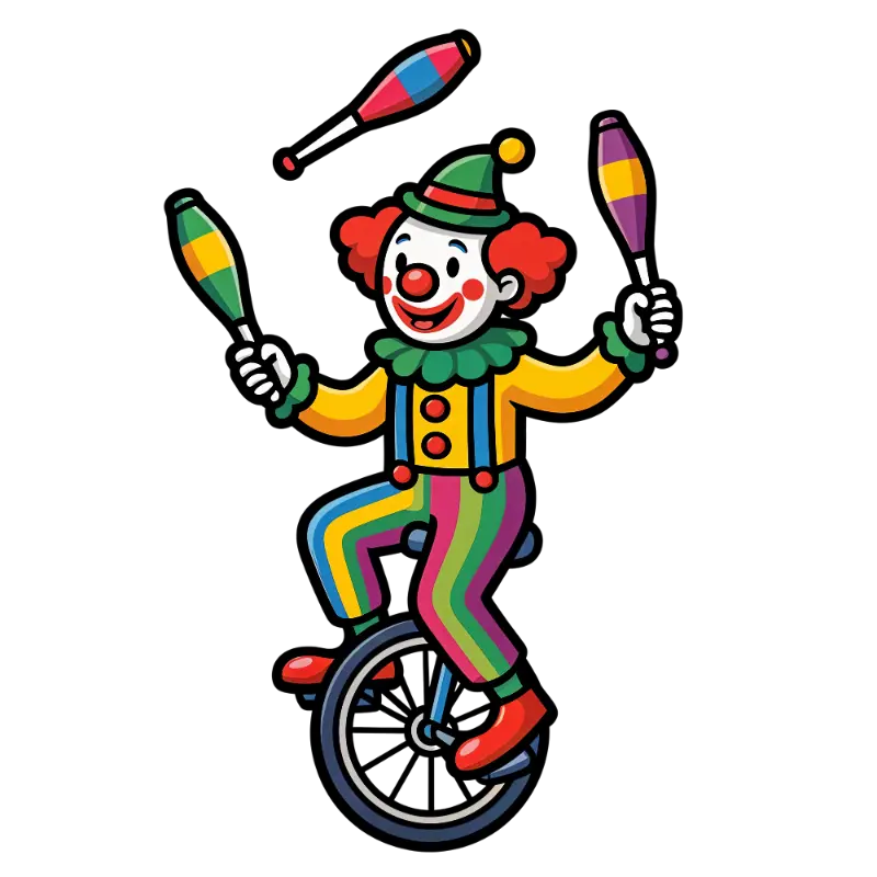 Colorful Circus Clown Character Juggling on a Unicycle