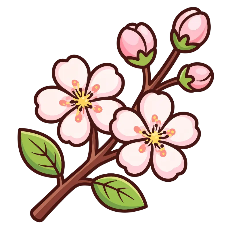 Cartoon Cherry Blossom Branch with Open Flowers and Buds