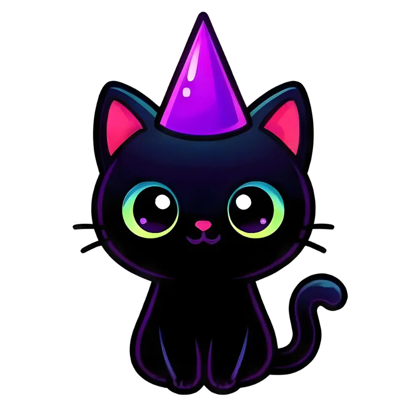 Playful Kawaii Black Cat with Neon Outlines and Party Hat