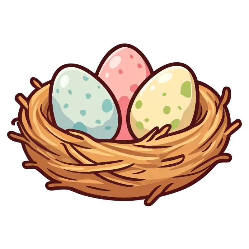 Whimsical Bird Nest with Three Colorful Speckled Eggs