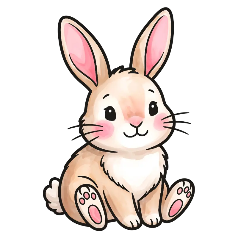 Watercolor Sitting Bunny with Rosy Cheeks and Pink Paws