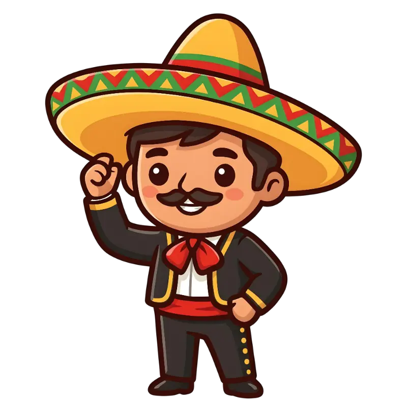 Festive Chibi Mariachi Illustration with Sombrero and Rosy Cheeks