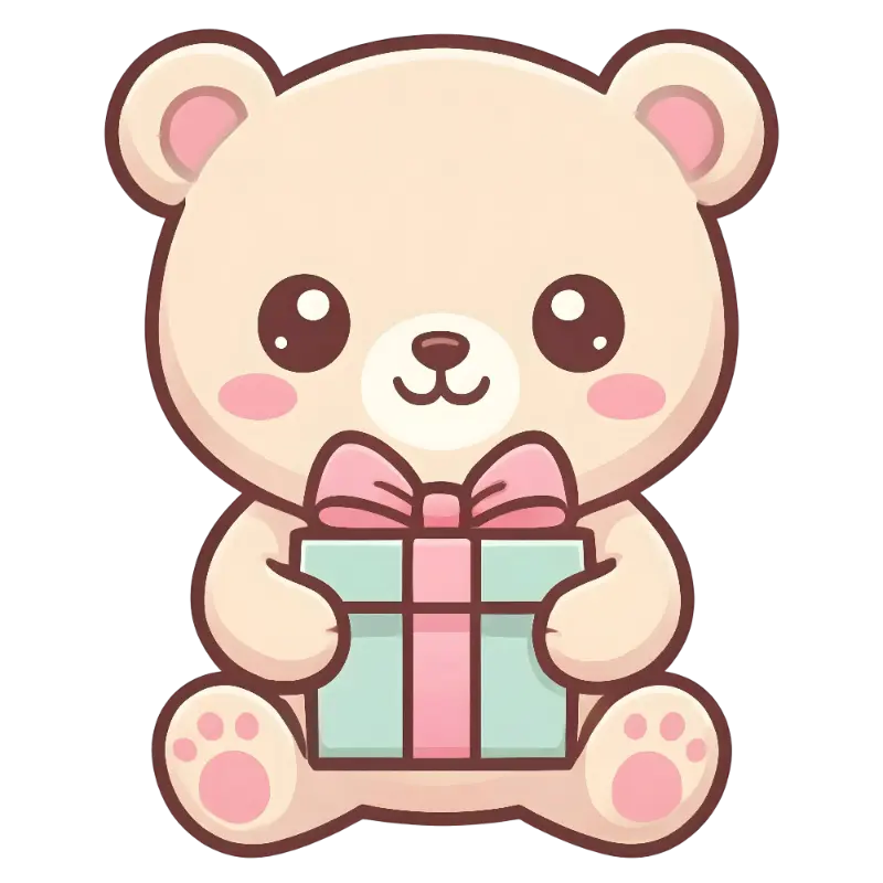 Kawaii Bear with Gift Box, Large Eyes, and Blush Cheeks