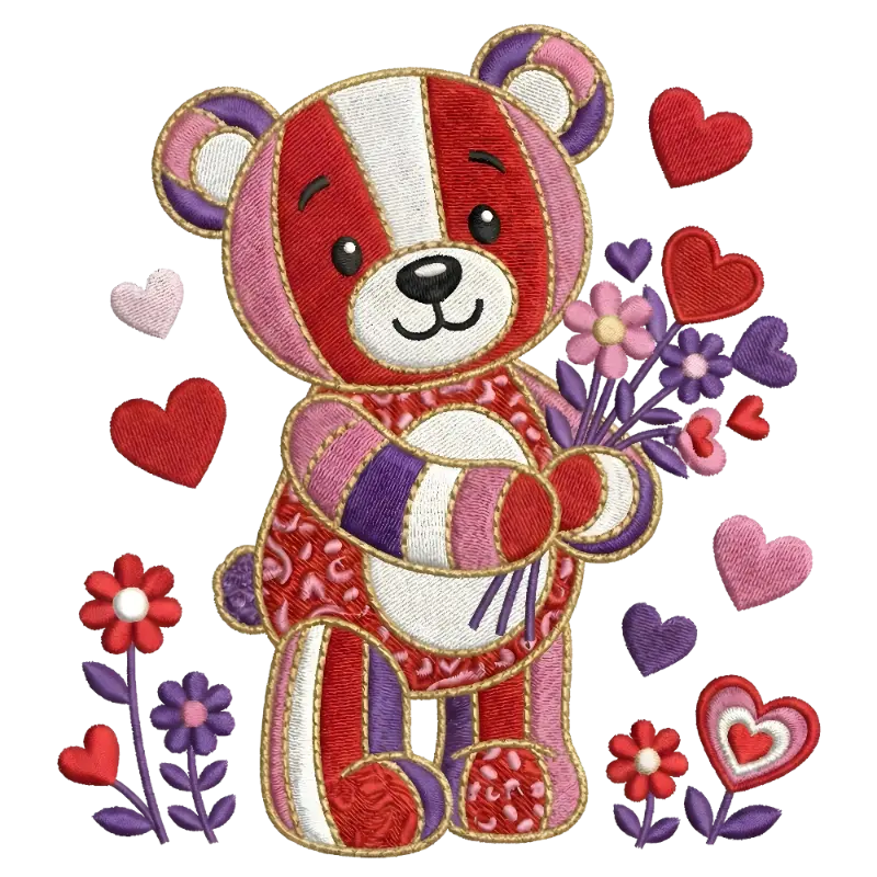 Patchwork Teddy Bear Holding Flowers Hearts Embroidered Applique