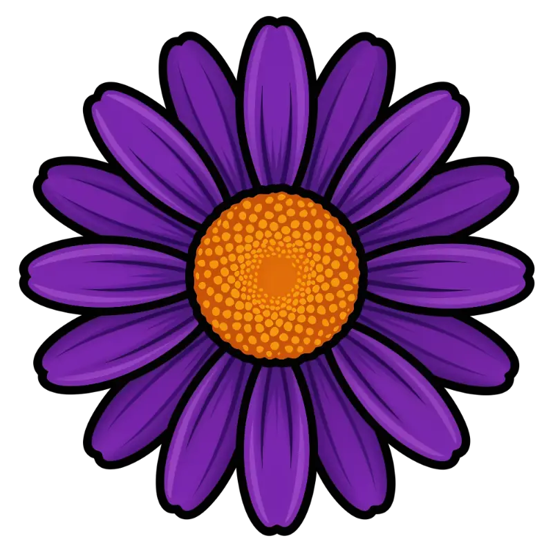 Bold Purple Flower Illustration with Bright Orange Center and Outlines