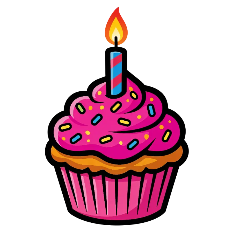 Cute Colorful Cartoon Cupcake with Lit Candle