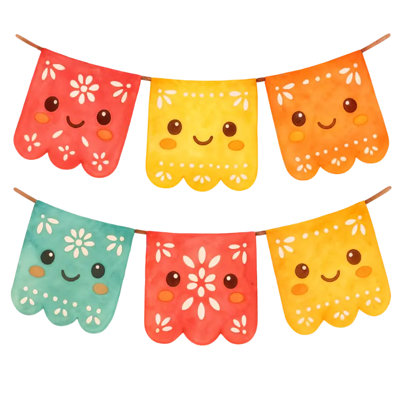 Kawaii Watercolor Scalloped Flag Garland with Floral Patterns
