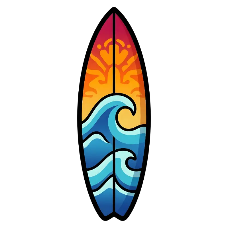 Pop Art Surfboard with Stylized Waves and Sun Starburst