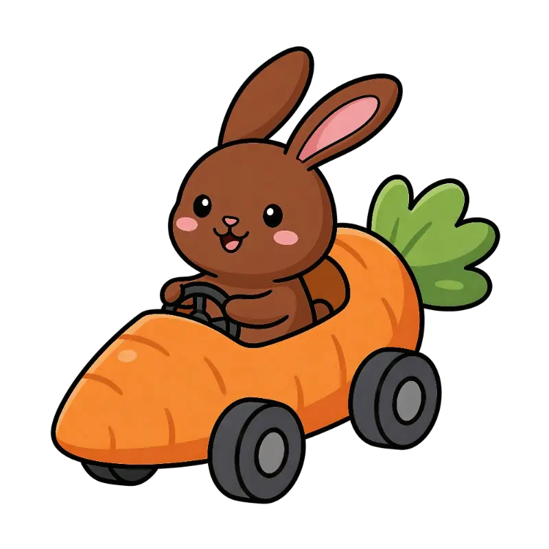 Kawaii Cute Bunny Character Driving a Carrot Car Illustration