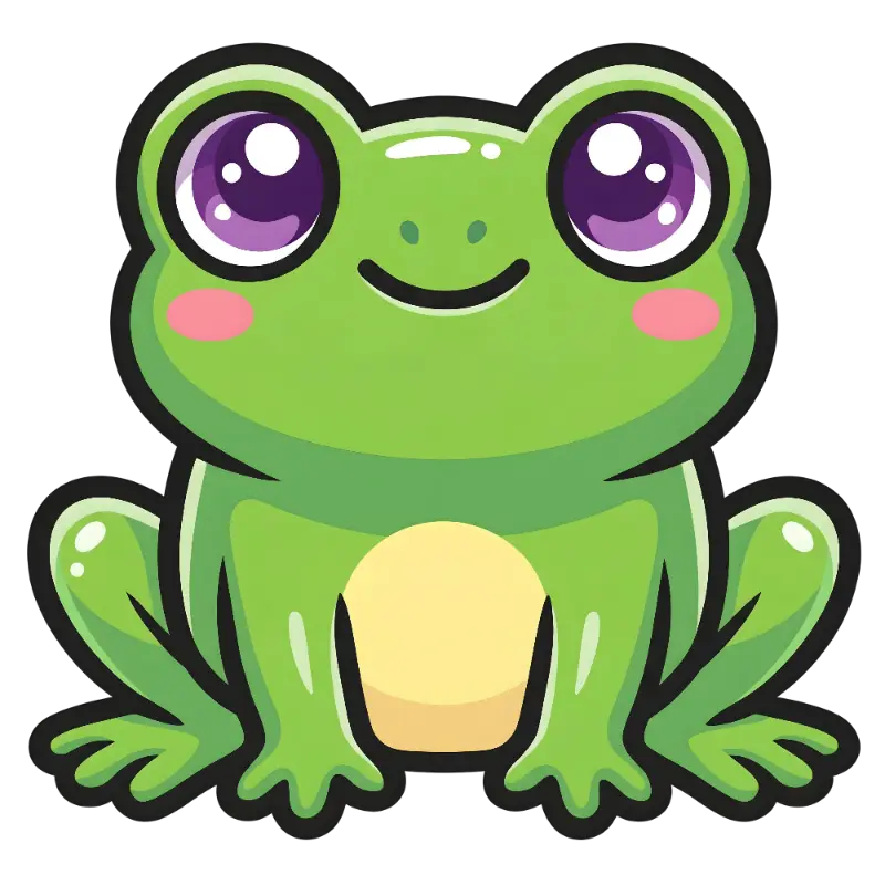 Smiling Green Frog Character with Kawaii Style and Pink Cheeks