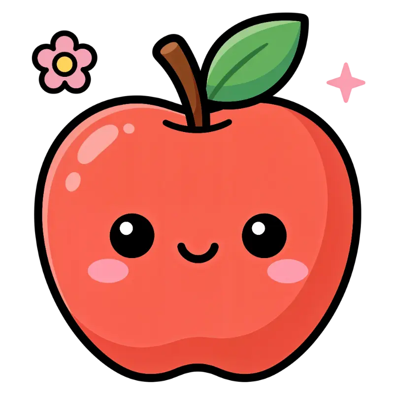 Kawaii Apple Character with Blush Cheeks and Pink Flower